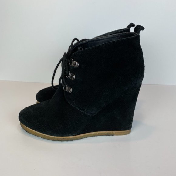 Steve Madden Wedge Ankle Booties 8 Black Suede Leather Tanngoo Lace Up - Picture 5 of 11